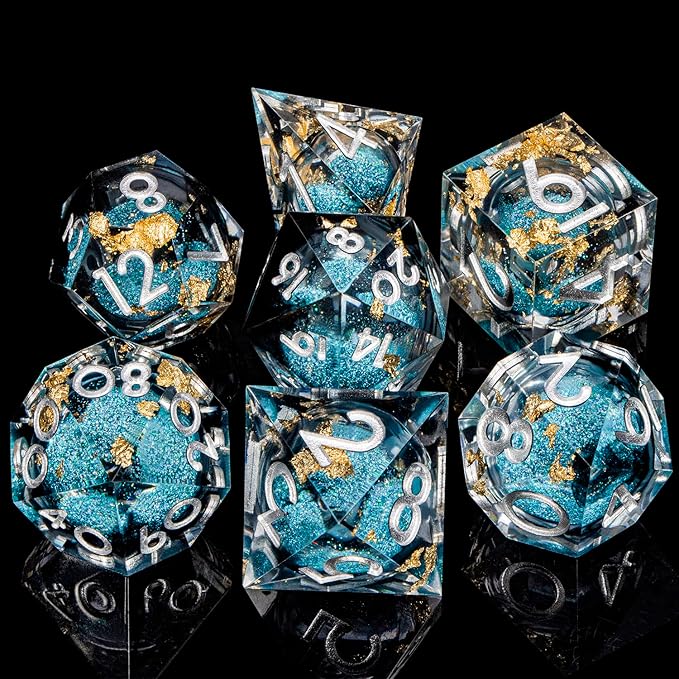 DND Dice Blue Liquid Core Dice Set with Metal Box, Handmade Sharp Edge D and D Polyhedral Dice for use with RPG D&D Role Playing Game
