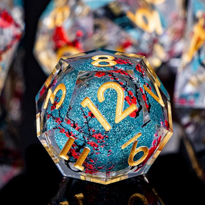 Plum Blossom DND Dice Blue Liquid Core Dice Set with Metal Box, Handmade Sharp Edge Dice D and D Polyhedral Dice for use with D&D RPG Role Playing Game ﻿