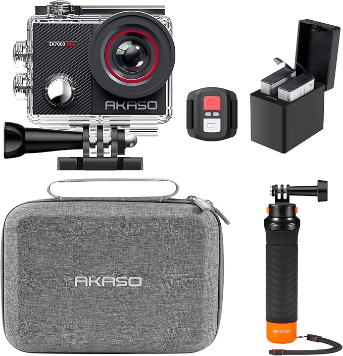 AKASO EK7000 Pro 4K30 Action Camera with Touch Screen EIS 131FT Waterproof Underwater Camera 5X Zoom Remote Control with Waterproof Floating Hand Grip Bundle and Carrying Case Accessories Kit Bundle