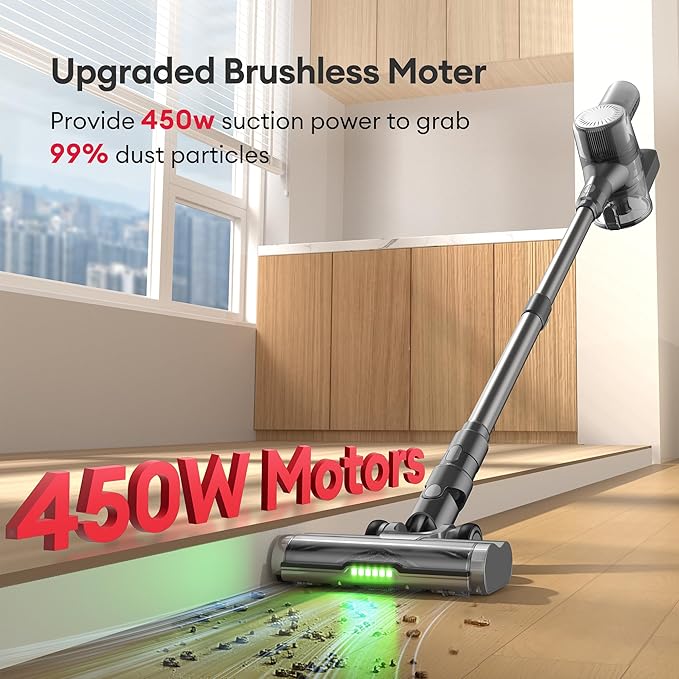Ultenic Cordless Vacuum Cleaner, 450W 40Kpa Stick Vacuum with Car Dashboard Screen, Tangle-Free Brush for Pet Hair, Max 45mins Runtime, LED Display Tools for Hard Floor, Carpet, Car Cleaning, U12