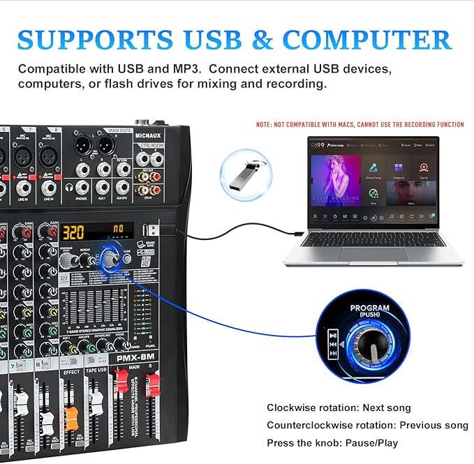 Audio Mixer 8 Channel Professional Mixer Console with 320 DSP Effects, 7-band EQ Sound Mixing Board Digital DJ Mixer w/USB Bluetooth MP3 for Recording, Independent 48V Power & Mute Button