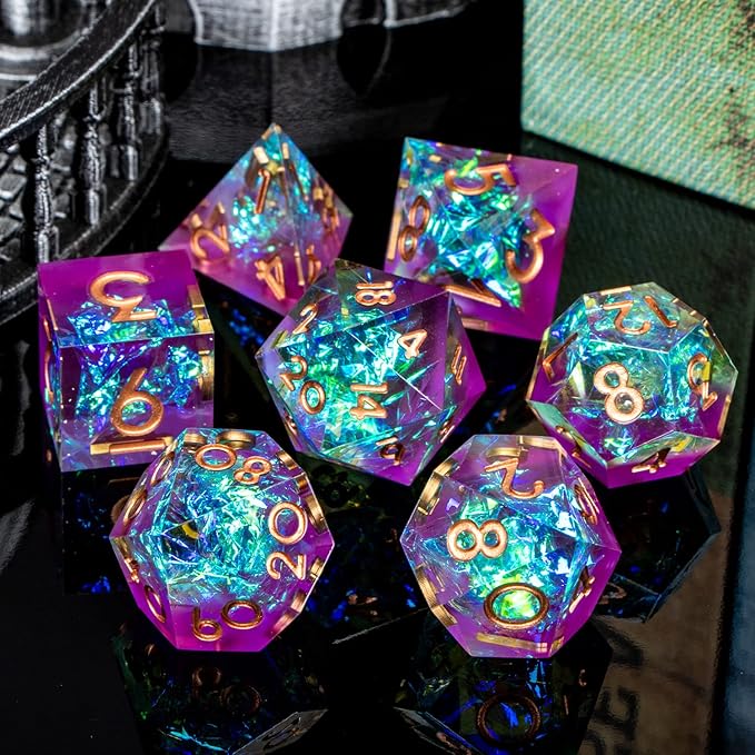 ARUOHHA DND Resin Dice Set 7Pcs Handmade Glitter Inclusions Sharp Edge Dice with Box, Lightning Polyhedral RPG Translucent D and D Dice D20 D12 D10 D8 D6 D4