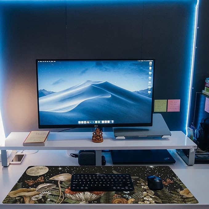 Large Gaming Mouse Pad for Desk,Cute Forest Mushroom Desk Mat,Starry Night Mushroom Desk Pad,Extended Big Computer Keyboard Mouse Pad with Non-Slip Base and Stitched Edge,35.4"x15.7"
