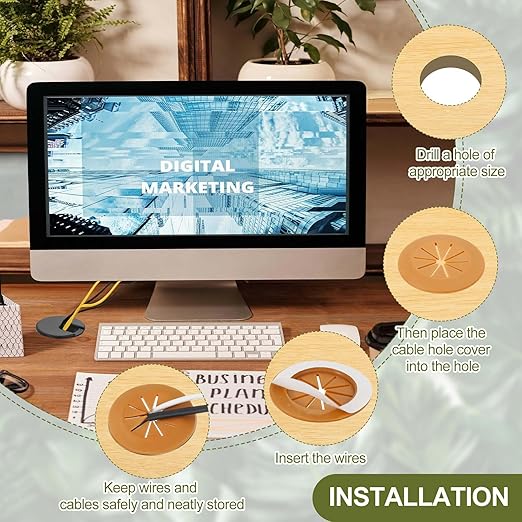 PATIKIL Desk Grommet 3-3/16", 4 Pcs Round Cable Grommet Cord Hole Cover with Adhesive Tape Flexible Table Wire Organizer for Office Home Table Countertop, Light Brown