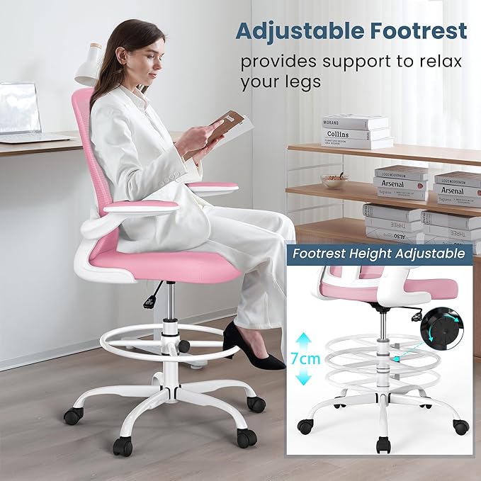 Drafting Chair, Tall Office Chair with Flip-up Armrests Executive Ergonomic Computer Standing Desk Chair, Office Drafting Chair with Lumbar Support and Adjustable Footrest Ring