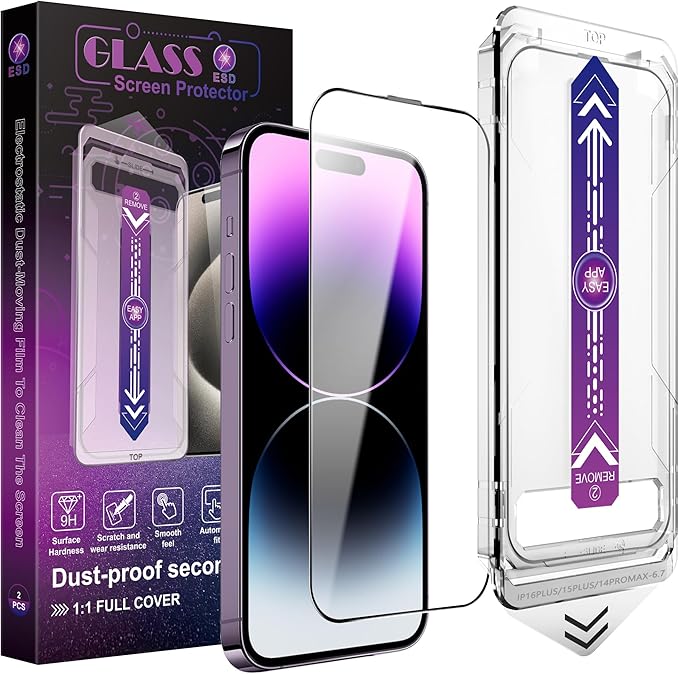 2 Pack Screen Protector for iPhone 14 Pro Max/iPhone 15 Plus/iPhone 16 Plus, 9H Tempered Glass, Full Coverage, Anti-Fingerprint, Auto Dust-Elimination, No Bubble, Easy Installation