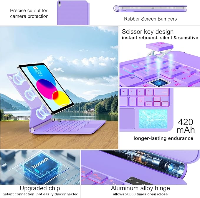 for iPad 11th (A16) & 10th Generation Case with Keyboard – Magic-Style Magnetic – Floating Cantilever Stand - Multi-Touch Trackpad Keyboard Case for iPad 11 inch 2025&10th Gen 10.9 inch (Light Purple)