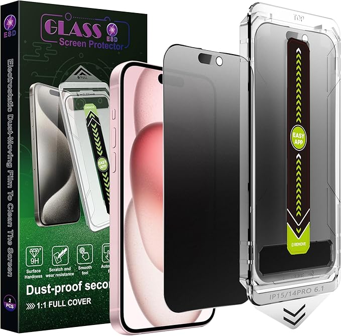 (2-Pack Matte Privacy Anti-Spy Screen Protector for iPhone 14 Pro/15/16 (6.1-Inch),9H Tempered Glass,Anti-Glare,Full Coverage,Anti-Fingerprint,Auto Dust Removal,Bubble-Free