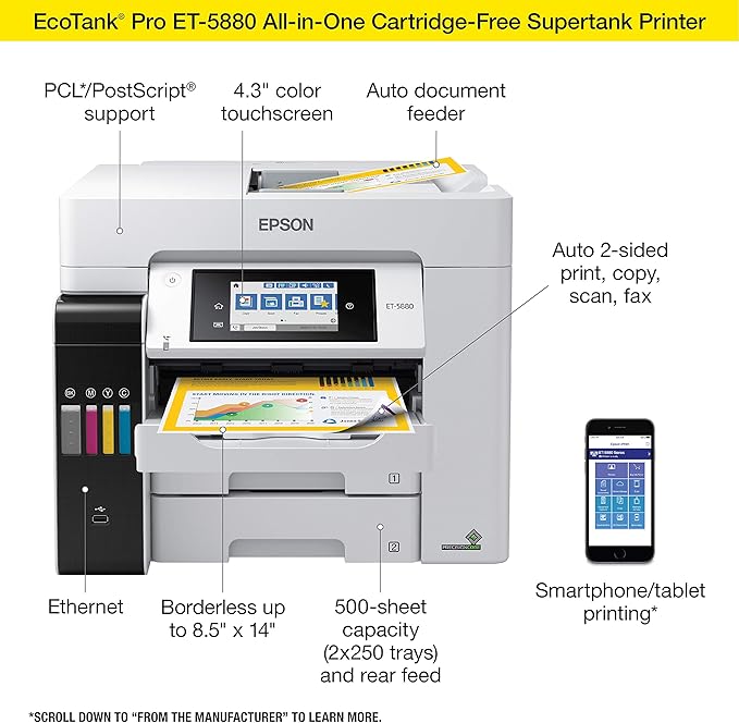 Epson EcoTank Pro ET-5880 Wireless Color All-in-One Supertank Printer with Scanner, Copier, Fax, Ethernet and PCL/Postscript, White
