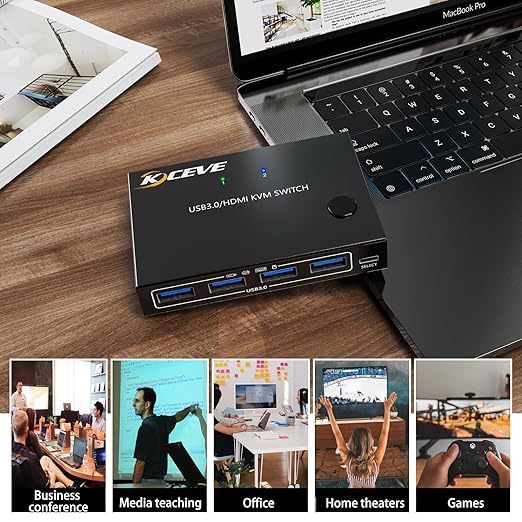 HDMI KVM Switch 1 Monitors 2 Computers 4K@60Hz, USB3.0 KVM Switches EDID Simulator 2 Ports for 2 PC Sharing Single Monitor and Keyboard Mouse with Wired Extend Controller and USB3.0 Cables