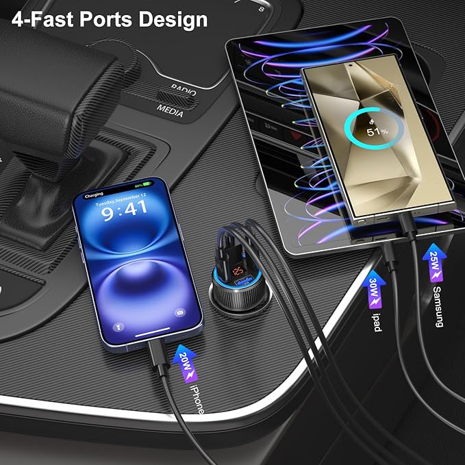 USB C Car Charger 3 Pack, Costyle 65W 4 Port Car Power Adapter with Voltmeter PD 30W/QC 3.0 Fast Charging Cigarette Lighter USB Charger Plug for iPhone 16/15/14/13/12/11 Pro Max/Pad,Android(Black)