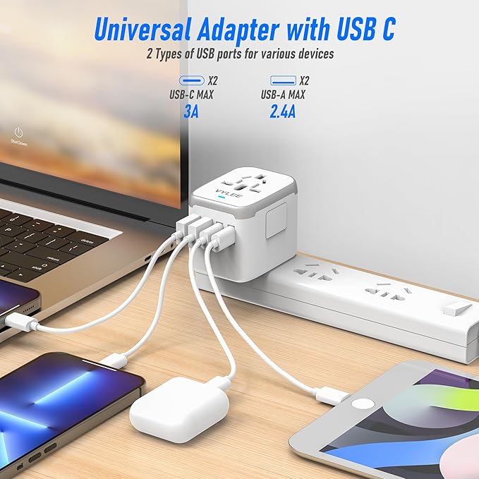 Universal International Power Travel Plug Adapter, 5 in 1 European Travel Plug Adapter W/ 3.5A 2xUSB-A and 2xUSB C Wall Charger and Worldwide AC Outlet for Europe USA UK AUS Asia (White Grey)