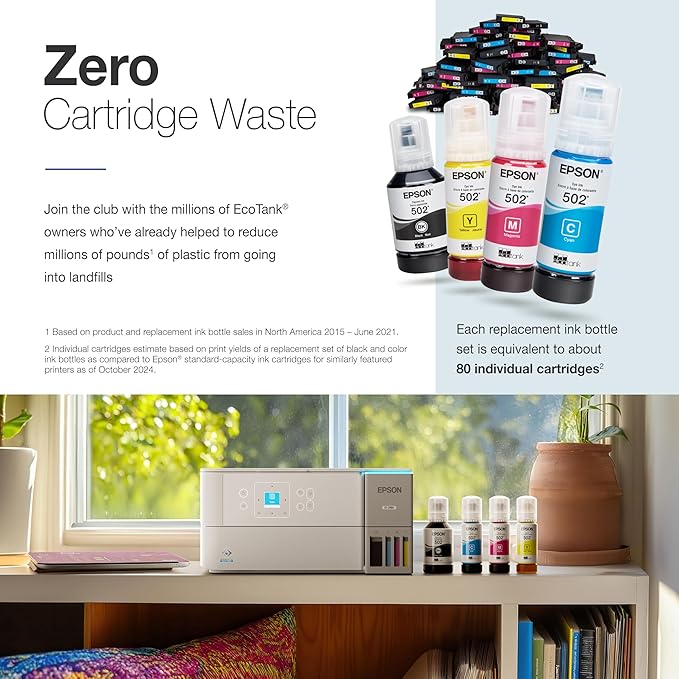 Epson EcoTank ET-2980 Wireless All-in-One Color Supertank Printer with up to 3 Years of Ink, Refillable Tanks, Perfect for Home, 15 PPM, 1.44" Color Screen, Auto 2-Sided Printing - White