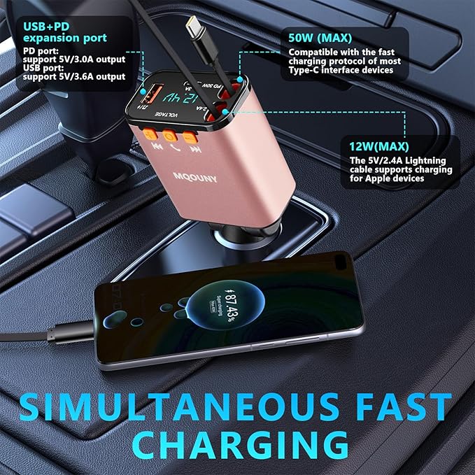 Retractable Car Charger,5 in 1 Fast Cars Phone Charger 60w,Bluetooth 5.3 FM Transmitter Adapter,Handsfree Call,MP3 Player,2 Retractable Cables and USB Chargers, for Phone,Galaxy,Pixel (Pink)
