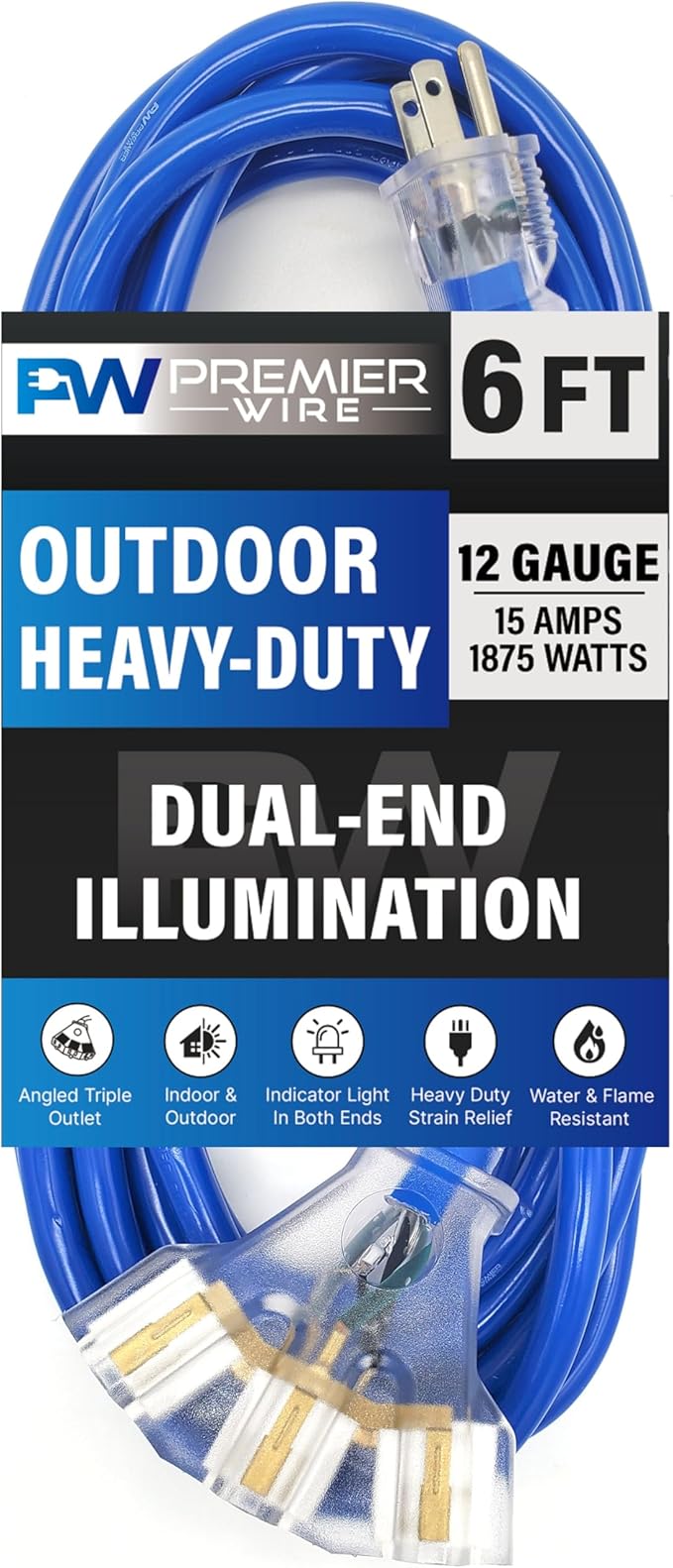 6 ft - 12 Gauge Heavy Duty Extension Cord - Lighted on Both Ends - SJTW Blue - Outdoor Extension_Cord Waterproof 6 ft by Premier Wire - 15 Amp ExtensionCord (6 Foot 12-Awg Power Cord Blue)