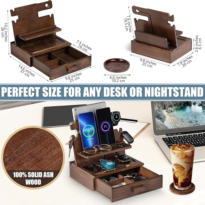Wood Phone Docking Station for up to 3 Phones, Samsung Galaxy Watch Compatible Nightstand Organizer with Drawer for Valuables for Men & Women, Holds Phones, Tablets, Keys, Rings, Glasses, Watches, EDC