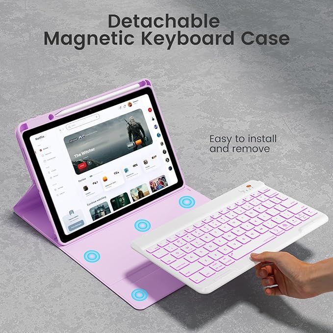 Keyboard Case for iPad Air 5th/4th Pro 11 inch, 7-Color Backlit Detachable Wireless Keyboard Case with Pencil Holder, Stand Folio Cover for Gen 2020/2022, Pro 4th/3rd/2nd/1st Gen, Purple…