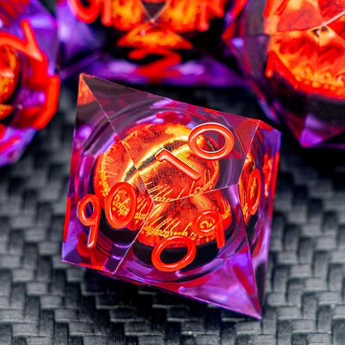 ARUOHHA DND Resin Dice Gazes Eye Dice Purple Red Liquid Core Flaming RPG Sharp Edged Dice Set with Gift Box, Polyhedral D and D Dice Set Compatible with Dungeons Dragons Role Playing Game D20 D6