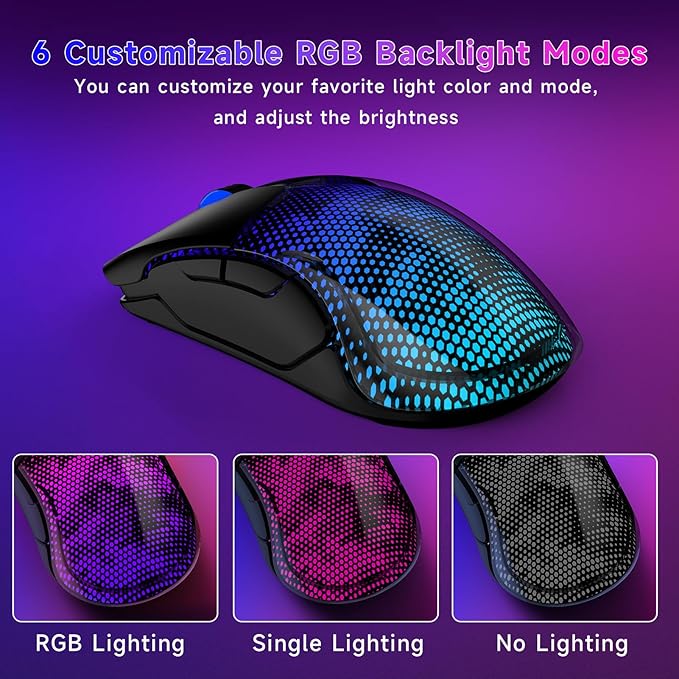 FFJ Master02 Wireless Gaming Mouse, 12000 DPI, Tri-Mode 2.4G/USB-C/Bluetooth 5.3 Gaming Mouse, Large RGB Backlit, 6 Programmable Buttons, 75Hr Battery Life for PC, Mac, Laptop, PS5, Xbox - Black