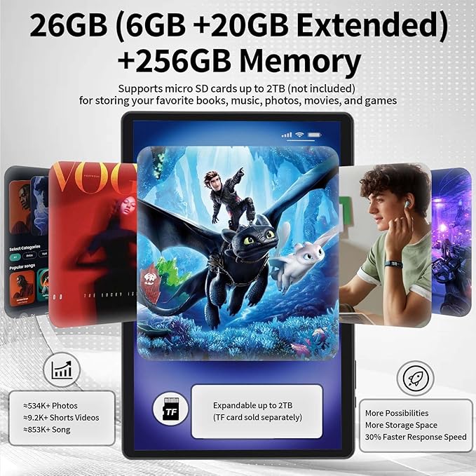 2025 Tablet, Android 14 Tablets 10 inch with Keyboard, 26GB RAM+256GB ROM(2TB Expand), 2-in-1 Tablets with 8-Core, 8000mAh, 5G WiFi, Widevine L1, GMS, with Case, Keyboard, Mouse, Stylus(Black)