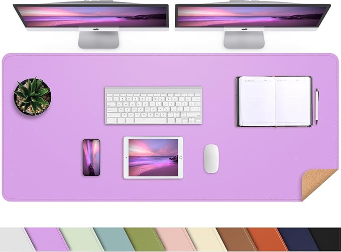 Leather Desk pad Protector, Large Desk mat with Natural Cork & PU Leather,Mouse pad,Non-Slip Office Desk Mat,Waterproof Desk Writing Pad for Office and Home (47in*17in, Purple)