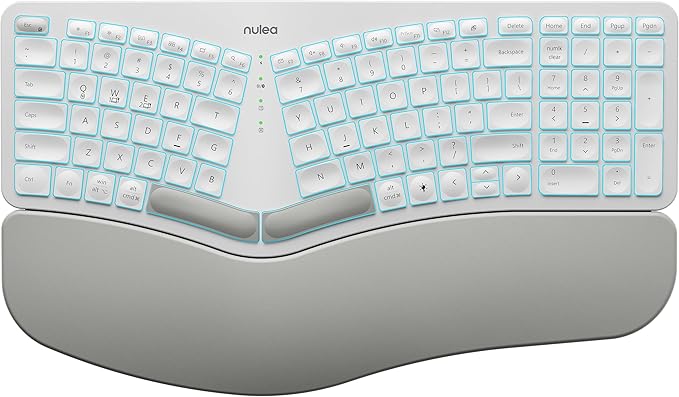 Nulea RT05 Wireless Ergonomic Keyboard, Split Keyboard with Wrist Rest, USB-C Charging, 7-Color Backlight, Natural Typing, Bluetooth and USB Connectivity, Compatible with Windows,Mac