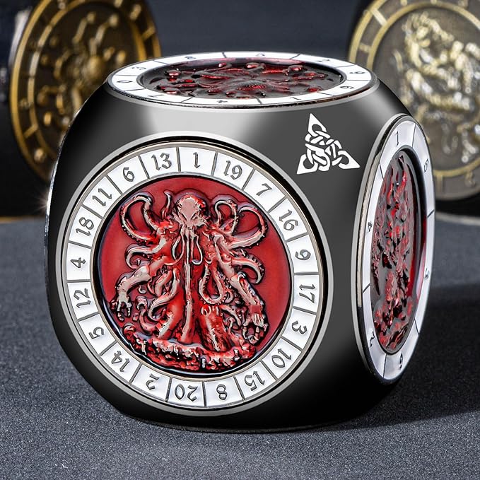 7 in 1 D6 Spinner DND Dice Set D&D, Metal Cube D and D Dice with Gift Box, Dungeons Dragons Role Playing Dice, Black Red