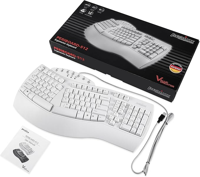 Perixx PERIBOARD-512W Periboard-512 Ergonomic Split Keyboard - Natural Ergonomic Design - White - Bulky Size 19.09"X9.29"X1.73", US English Layout