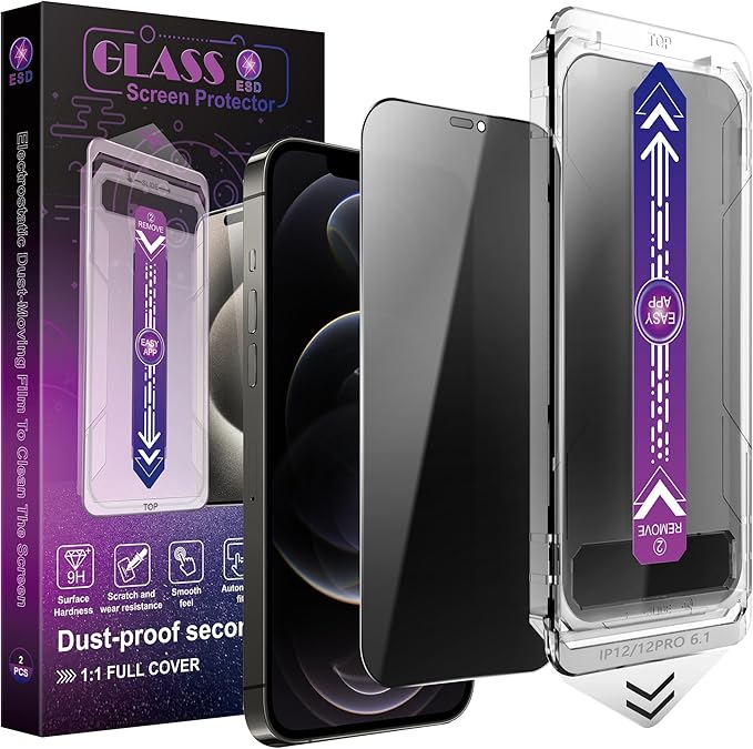 2 Pack Privacy Screen Protector for iPhone 12 Pro Max, 9H Tempered Glass, Full Coverage, Anti-Fingerprint, Auto Dust-Elimination, No Bubble, Easy Installation