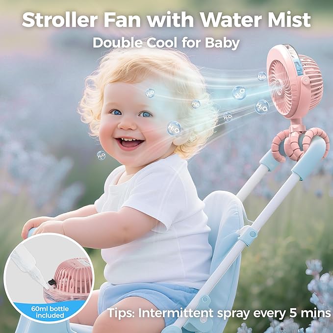 2025 Upgarded 4000mAh Misting Baby Stroller Fan, Rechargeable Battery Operated,Max 15Hrs Cooling,50ml Portable Water Sprayer Misting Fan with Flexible Tripod Clip on Car Seat Crib Treadmill Bunk Bed