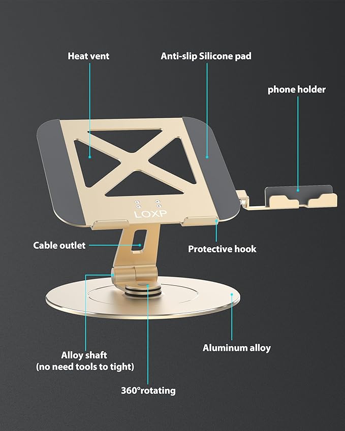 Ultra-Stable Aluminumy Swivel Laptop Stand for Desk with Rotating Foldable Phone Holder, 300% Large Base Stability, Anti-Loosening,Suitable for 10"-17.3" Laptops, Champagne Golden