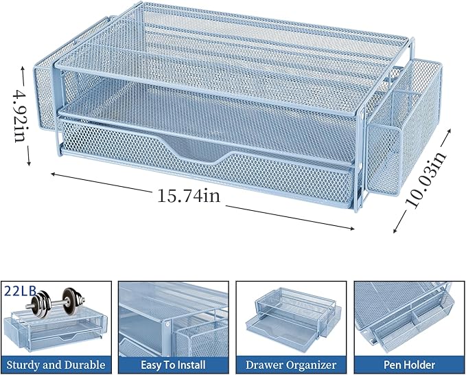 AUPSEN Computer Monitor Stands Riser，2-Tier Desk Organizers and Accessories, Office Desk Accessories Organizer with Drawers and 2 Pen Holder for Office Supplies (Blue)