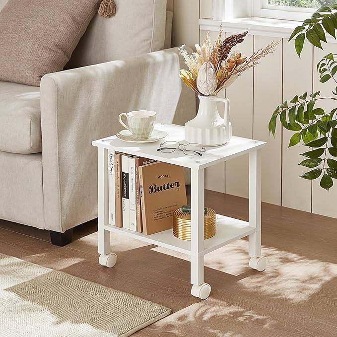 2 Tier Printer Stand with Storage,Under Desk Shelf Printer Table, Rolling Printer Cart for Office,Home,White
