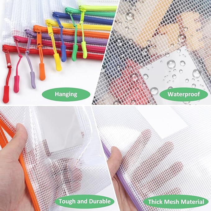 18 Pack 8 Size Mesh Zipper Pouch Bags, Waterproof Zipper Bags with Label Pocket,File Bags for Classroom Organization,Zipper Pouches of Office Supplies,Puzzles, Board Game Storage