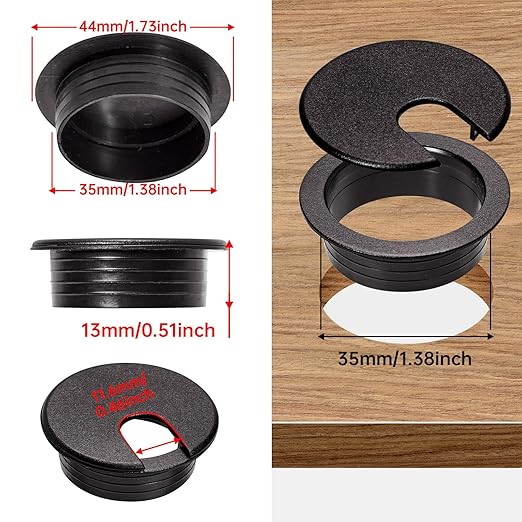Desk Grommet 1-3/8inch(35mm)10 Pcs, Desk Hole Grommet, Cable Grommet, Desk Hole Cover, Desk Cord Hole Cover, Desk Cable Hole Cover with Hole Saw, Desk Wire Hole Insert, Furniture Hole Cover(Black)