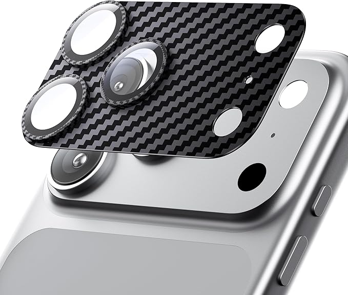 Hoerrye for iPhone 17 Pro Max Camera Lens Protector - [12FT Shatterproof Military Grade] [Strong Adsorption] Metal 9H+ Tempered Glass Camera Screen Full Cover Case Friendly,Carbon Fiber