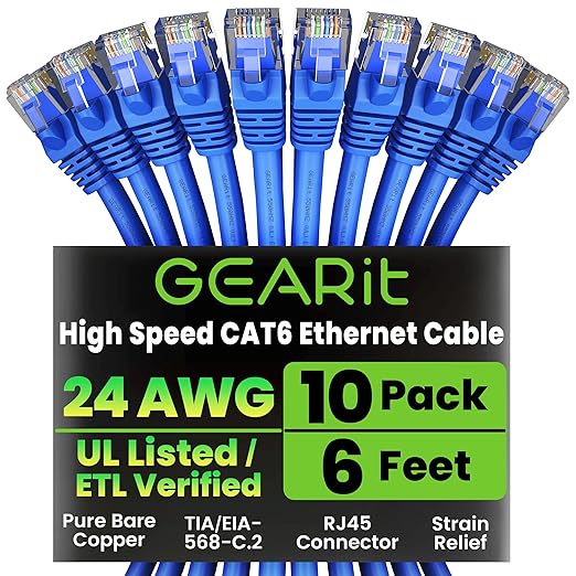 GEARit Cat 6 Ethernet Cable Pack - 10-Pack 6 ft Cat6 Ethernet Patch Cables | RJ45 Network Patch Cable, 10 Gbps Snagless Gold-Plated Connectors - Ethernet Cable Cat 6 for PC, TV, Router - Blue