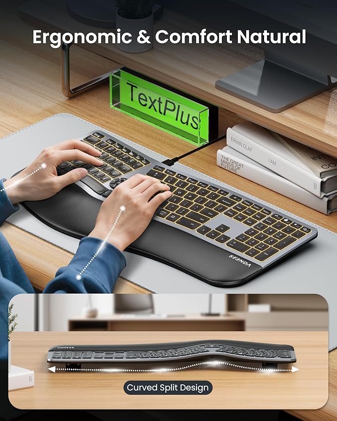 seenda 7-Color Backlit Wired Ergonomic Keyboard, KUW01 USB & Type-C Wired Split Keyboard, Cushioned Wrist Rest, Full Size with NumPad, Compatible for Windows, macOS, PC, Laptop, MacBook - Black Gray