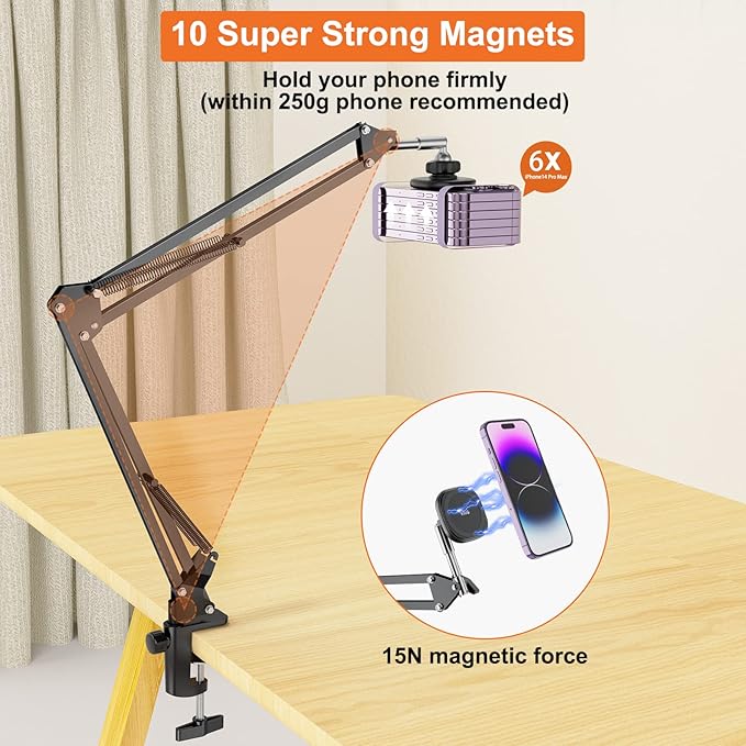 UURIG Overhead Phone Mount Stand with Magsafe, Articulating Arm Cell Phone Holder for Desk, Cell Phone Holder for Live Streams, Zoom Calls, Online Teaching, Selfies, Remote Working