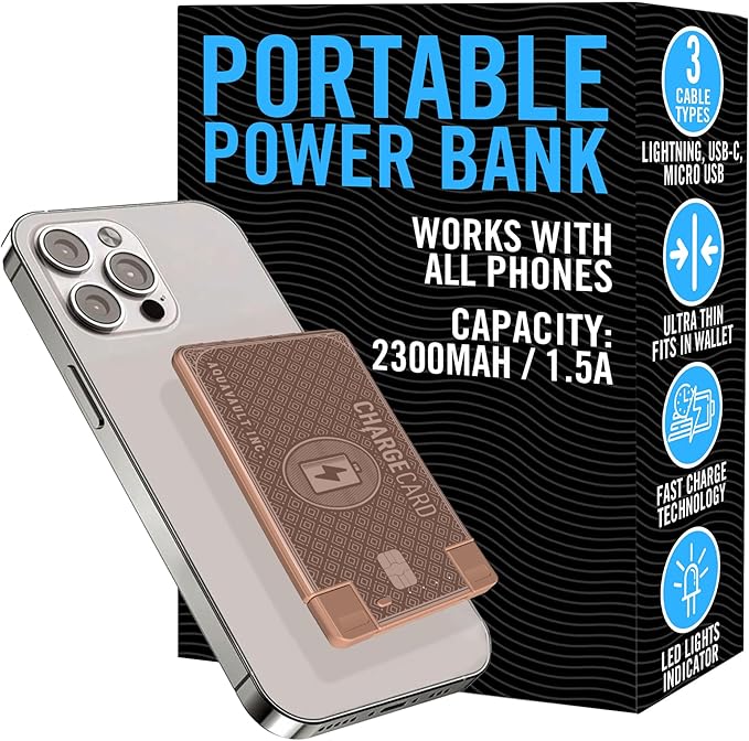 AquaVault ChargeCard – Ultra Slim Emergency Power Bank (2300mAh) – Fits in Wallet – USB-C & Micro-USB – Durable Steel Body – Flight-Safe Pocket Charger for iPhone 16/15/14/13/12, Android - (Rose Gold)