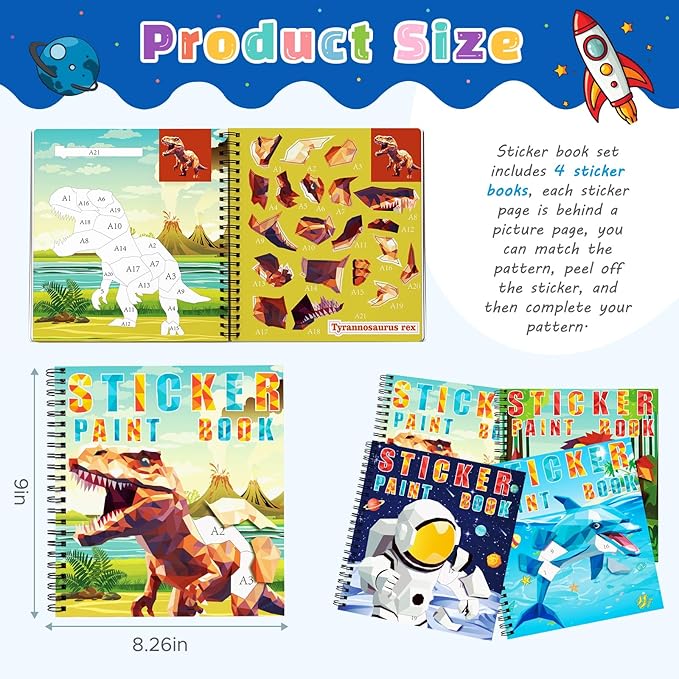 homicozy 4PCS Sticker Paint Books for Kids Ages 4-10,Dinosaur Astronaut Ocean Animals Designs Paint by Stickers,Sticker by Numbers,Party Birthday Gifts for Boys 4-10,Create 40 Pictures at a Time