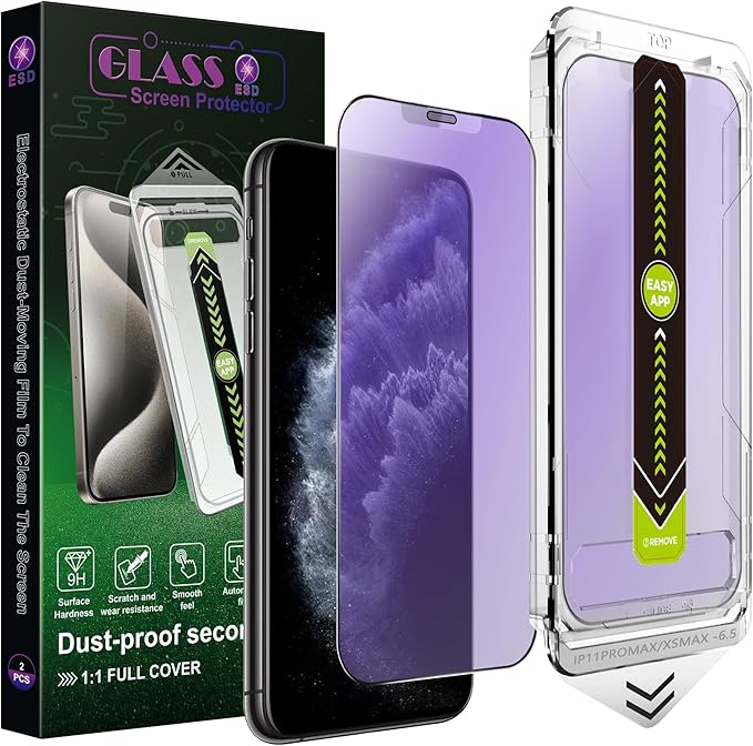 (2-Pack Anti Blue Light Matte Screen Protector for iPhone 11 Pro Max/XS Max (6.5-Inch),9H Tempered Glass,Anti-Glare,Full Coverage,Anti-Fingerprint,Auto Dust Removal,Bubble-Free