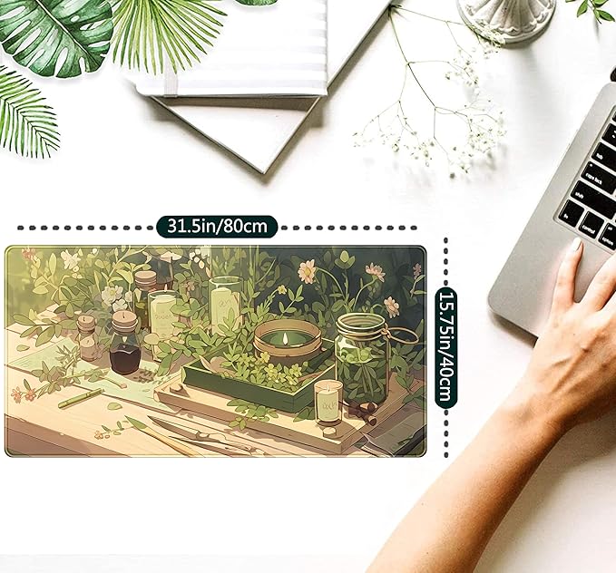 Cute Desk Mat Green Sage Mouse Pad Anime Forest XXL Large Extended Gaming Mousepad Desk Matt for Desktop Computer Pad Mat, Laptop Keyboard Mouse Mat Office Decor Accessories for Women, 31.5x15.7 in