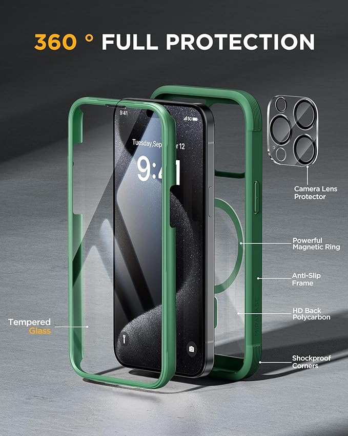 Miracase Magnetic for iPhone 15 Pro Max Case 6.7'' [Compatible with MagSafe] Full-Body Phone case with Built-in Glass Screen Protector& Camera Protector,Drop Proof 15 Pro Max Cover,Magnetic Green