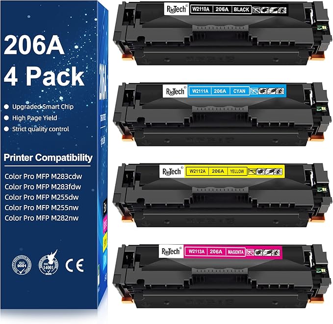 206A Toner Cartridge Black Cyan Yellow Magenta 4 Pack,with Chip Compatible Replacement for HP 206X 206 A W2110A for HP Color Laserjet pro MFP M283fdw M283cdw Pro M255dw M283 M255 Printer