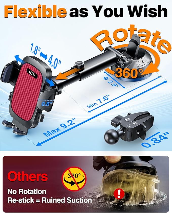 HTU 2025 Best Car Phone Holder 【Ultimate 5-in-1 & Upgraded 100+LBS Strongest Suction】【True Military-Grade & Safety Cert】 360° Windshield Dashboard Vent Mount Stand for iPhone Android & Truck, Red