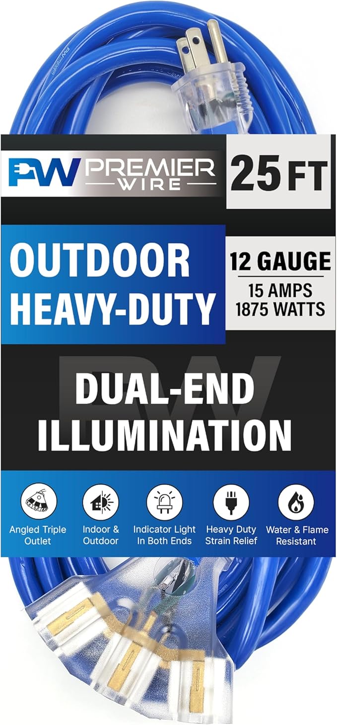 25 ft - 12 Gauge Heavy Duty Extension Cord - Lighted on Both Ends - SJTW Blue - Outdoor Extension_Cord Waterproof 25 ft by Premier Wire - 15 Amp ExtensionCord (25 Foot 12-Awg Power Cord Blue)