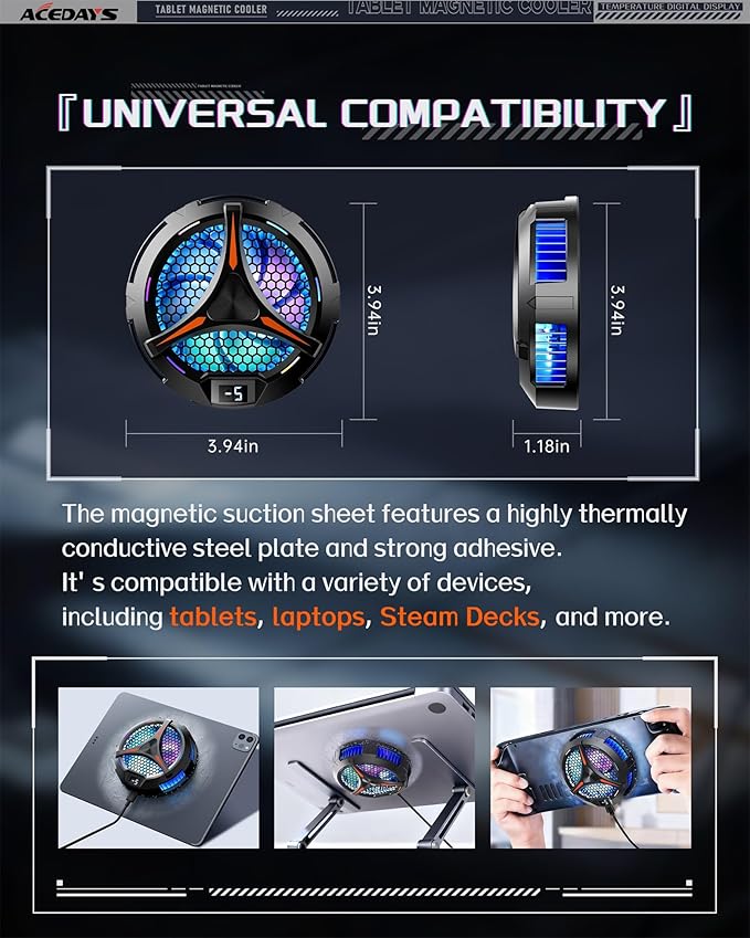 iPad Cooler,Magnetic Tablet Cooler for ipad/Surface pro/Samsung Tab,Compatible for Steam Deck,Universal Radiator with Temperature Display for Mobile Gaming,Tiktok Live Streaming