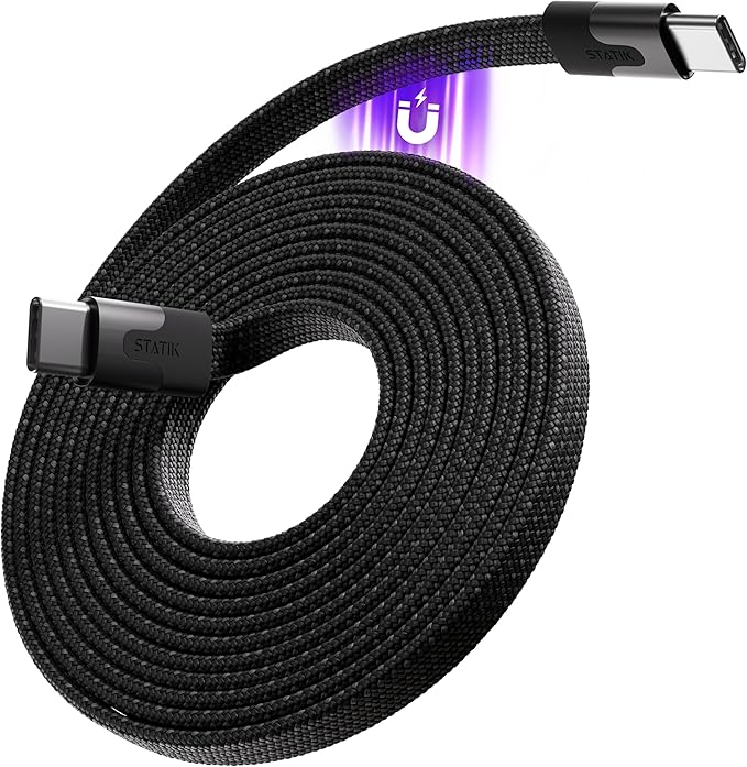 Statik MagStack USB C to USB C Cable, Magnetic Anti Tangle Flat Type C Charger Fast Charging Cord, Magnetic Charging Cable, Compatible with iPhone 16 Pro Max, 15, Galaxy S24 Ultra, 100W 6FT/2M