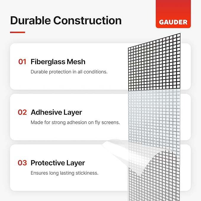GAUDER Fly Screen Repair Tape - Insect Screen Repair Set Made from Fiberglass Self-Adhesive - Patch for Door, Porch Door and Window (3.3 ft x 2 inches - Black)
